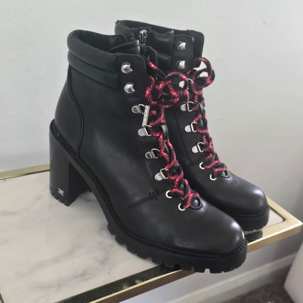Sam Elderman Black Leather Ankle Boots with Red Laces/Silver Accents Sz 9.5 - Picture 4 of 10